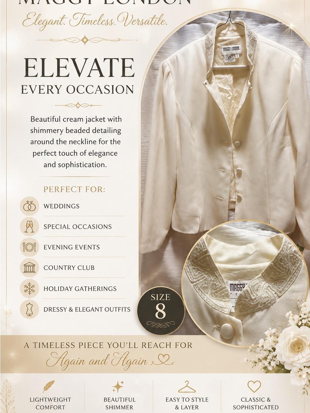 Maggy London Cream Beaded Evening Jacket